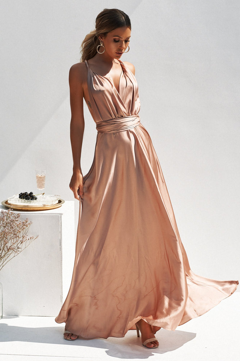satin maxi dress near me A-line Satin Maxi Bridesmaid Dress With Convertible Off-the-shoulder Or Strapless Looks In Sage