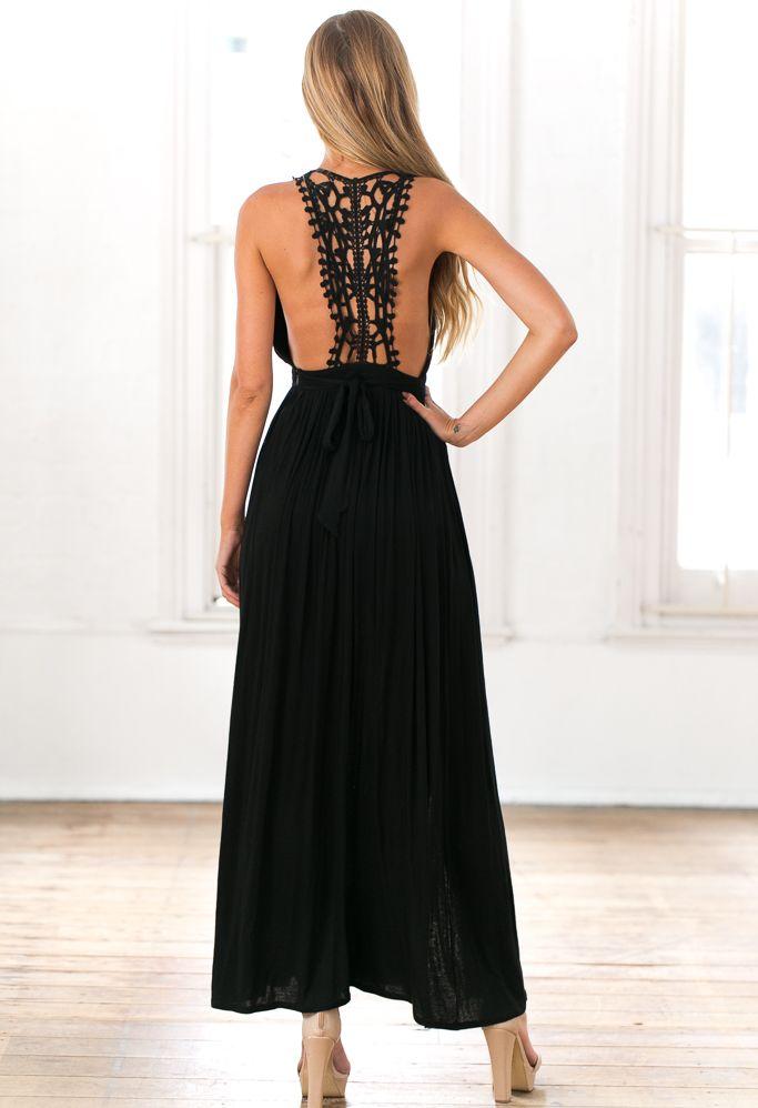 Black Crochet Lace Back Detail Maxi Dress UsTrendy Black Crochet Lace Back Detail Maxi Dress UsTrendy