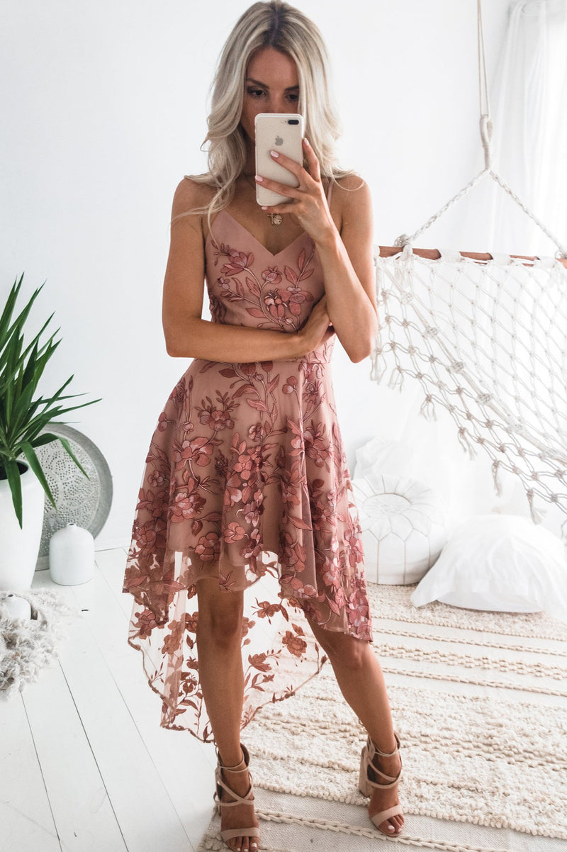 Embroidery Rose High Low Dress, L Embroidery Rose High Low Dress, L