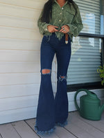 Dark Wash Denim Distressed High Waisted Flares