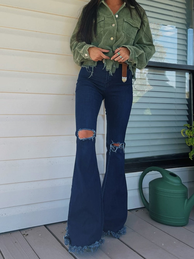 Dark Wash Denim Distressed High Waisted Flares