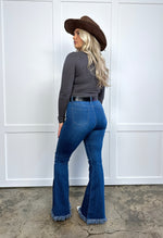 Medium Wash Denim Distressed High Waisted Flares