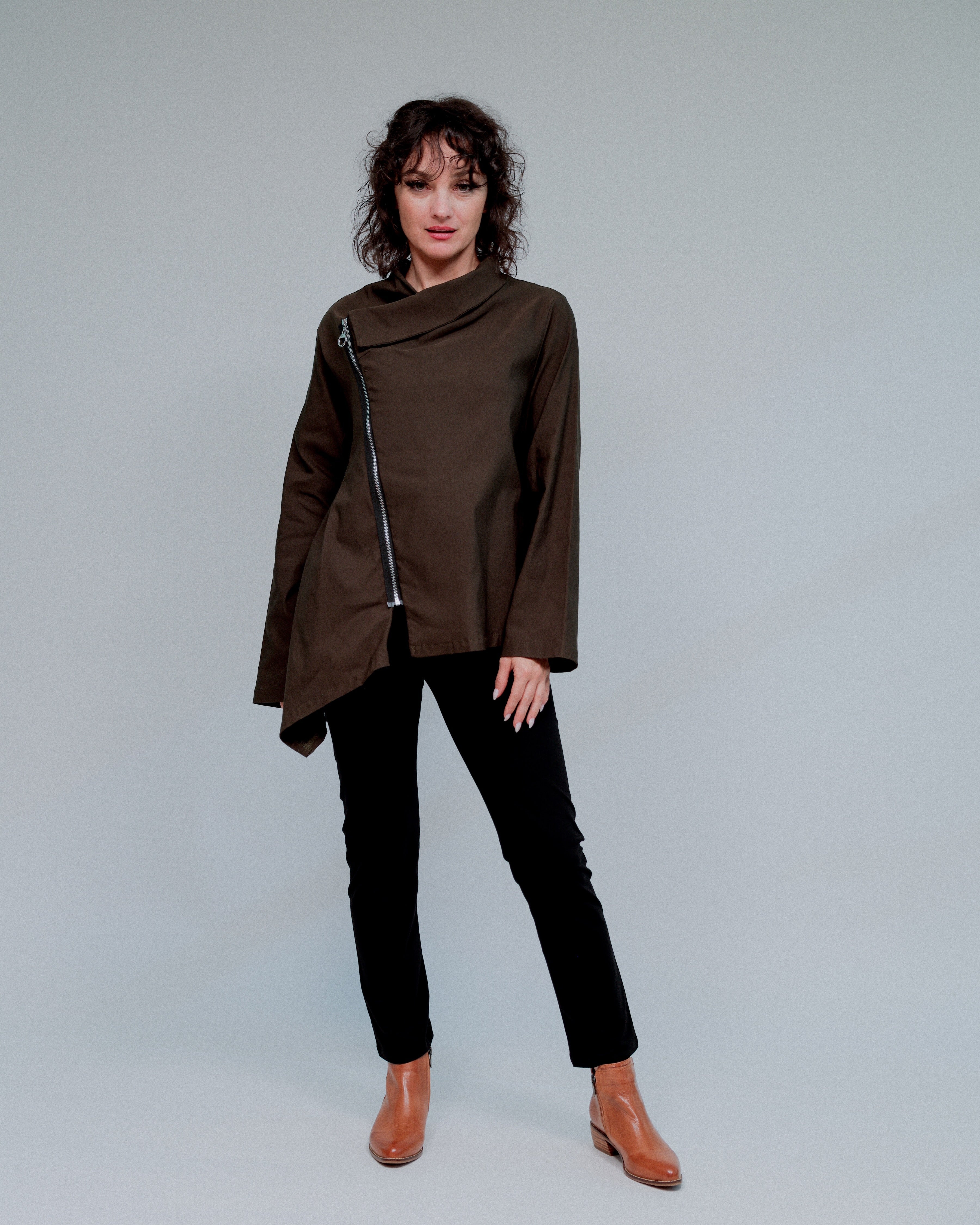 Avant Garde Asymmetrical Zip Front Top with High Neckline for Edgy Statement