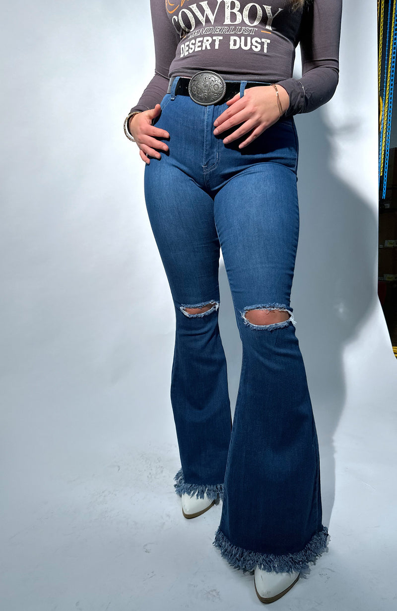 Medium Wash Denim Distressed High Waisted Flares