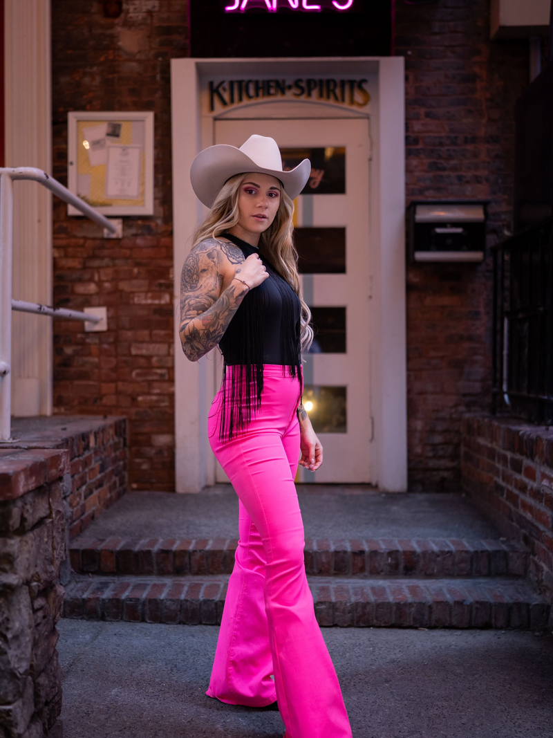 Pink High Waisted Bell Bottom Flare Jeans