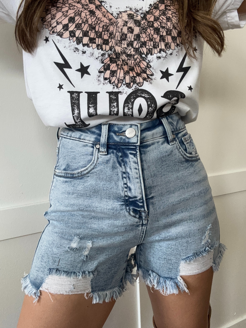 Acid Medium Wash Distressed Denim Risen Shorts