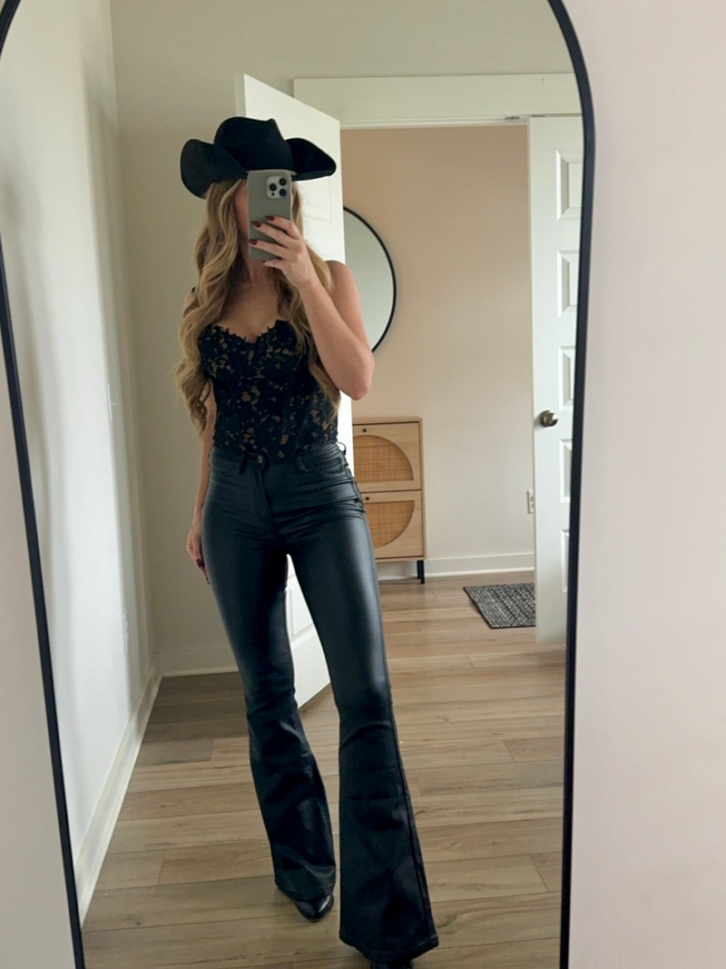 Black High Waisted Bell Bottom Flare Leather Jeans