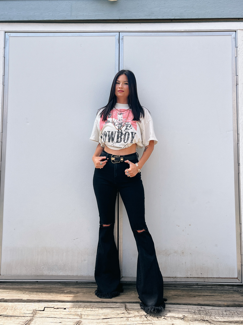 Distressed High Waisted Flare Stretch Jeans