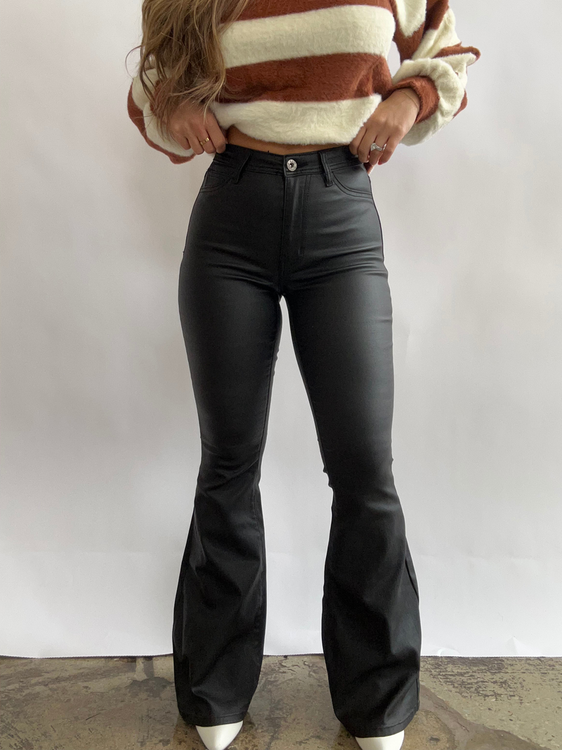 Black High Waisted Bell Bottom Flare Leather Jeans