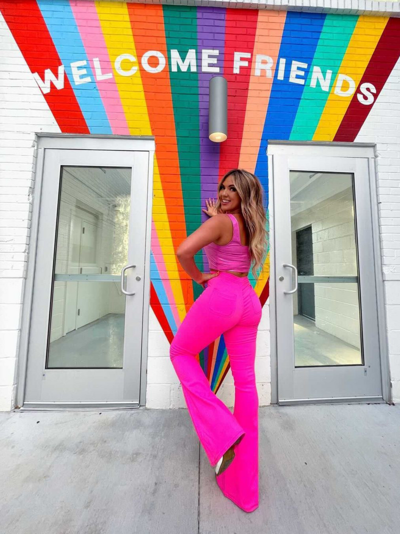Pink High Waisted Bell Bottom Flare Jeans