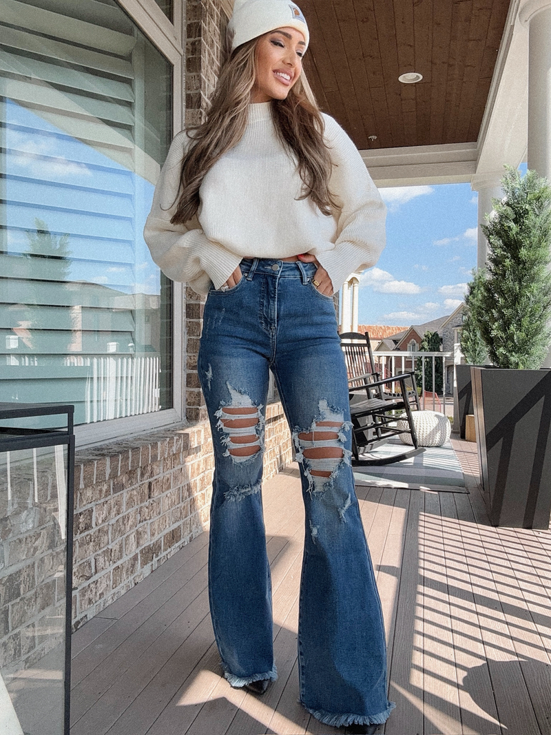 Acid Medium Wash Tummy Control Flare Jeans