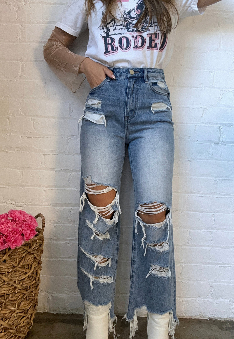 Light Wash Wide Leg Distressed Jeans