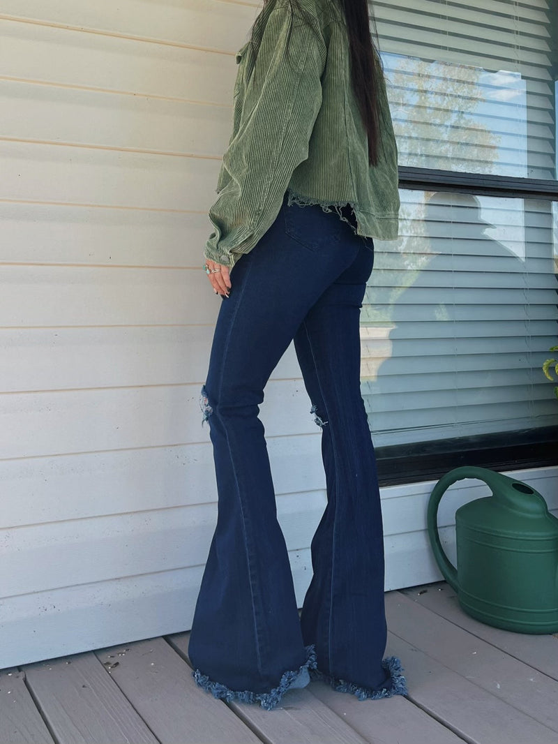 Dark Wash Denim Distressed High Waisted Flares