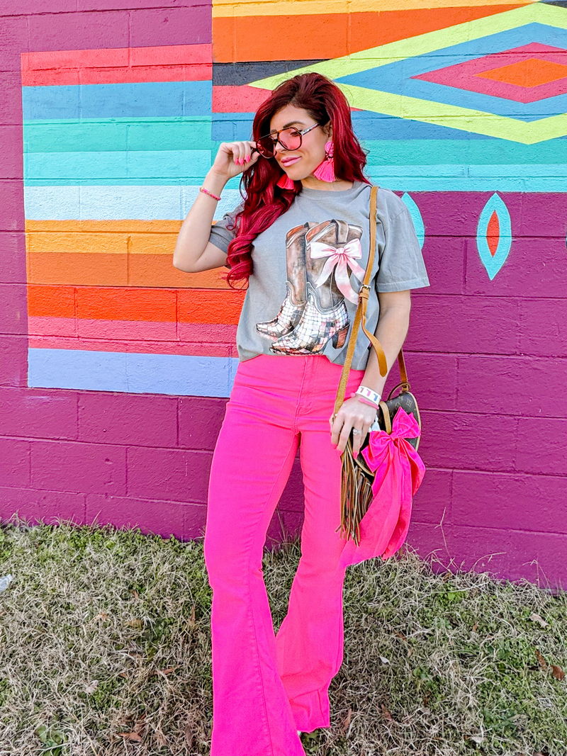 Pink High Waisted Bell Bottom Flare Jeans