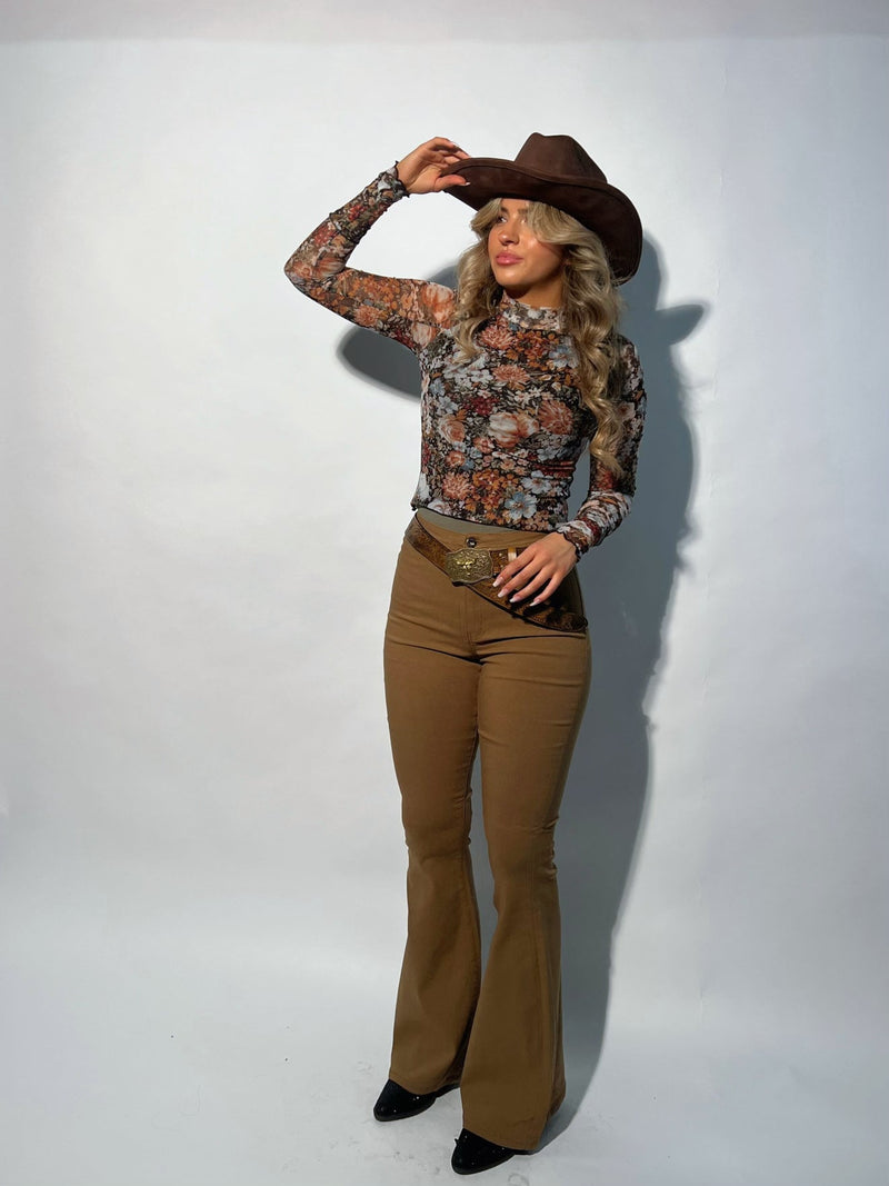 Mocha High Waisted Bell Bottom Flare Stretch
