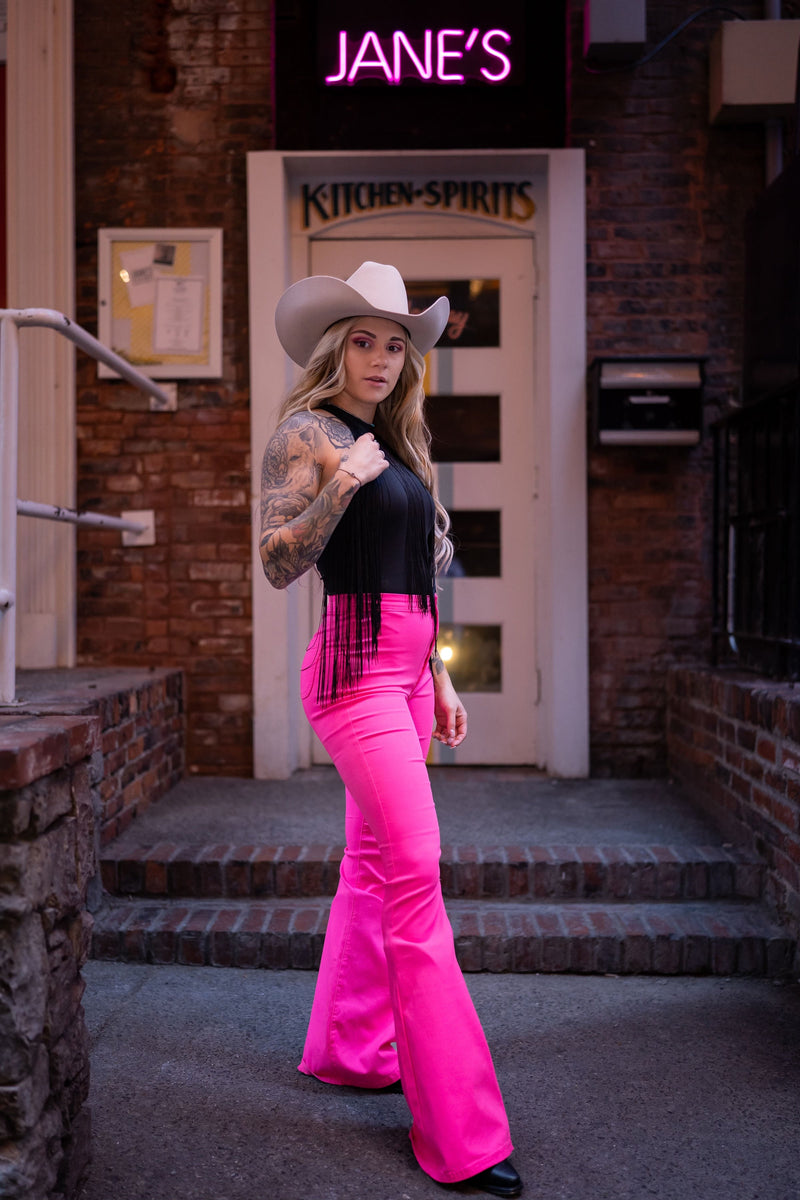 Pink High Waisted Bell Bottom Flare Jeans