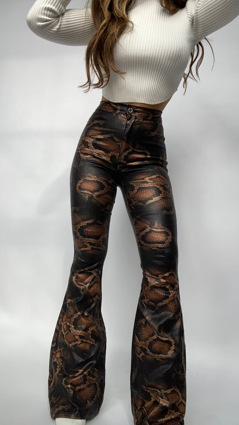 Snakeprint High Waisted Bell Bottom Flare Jeans