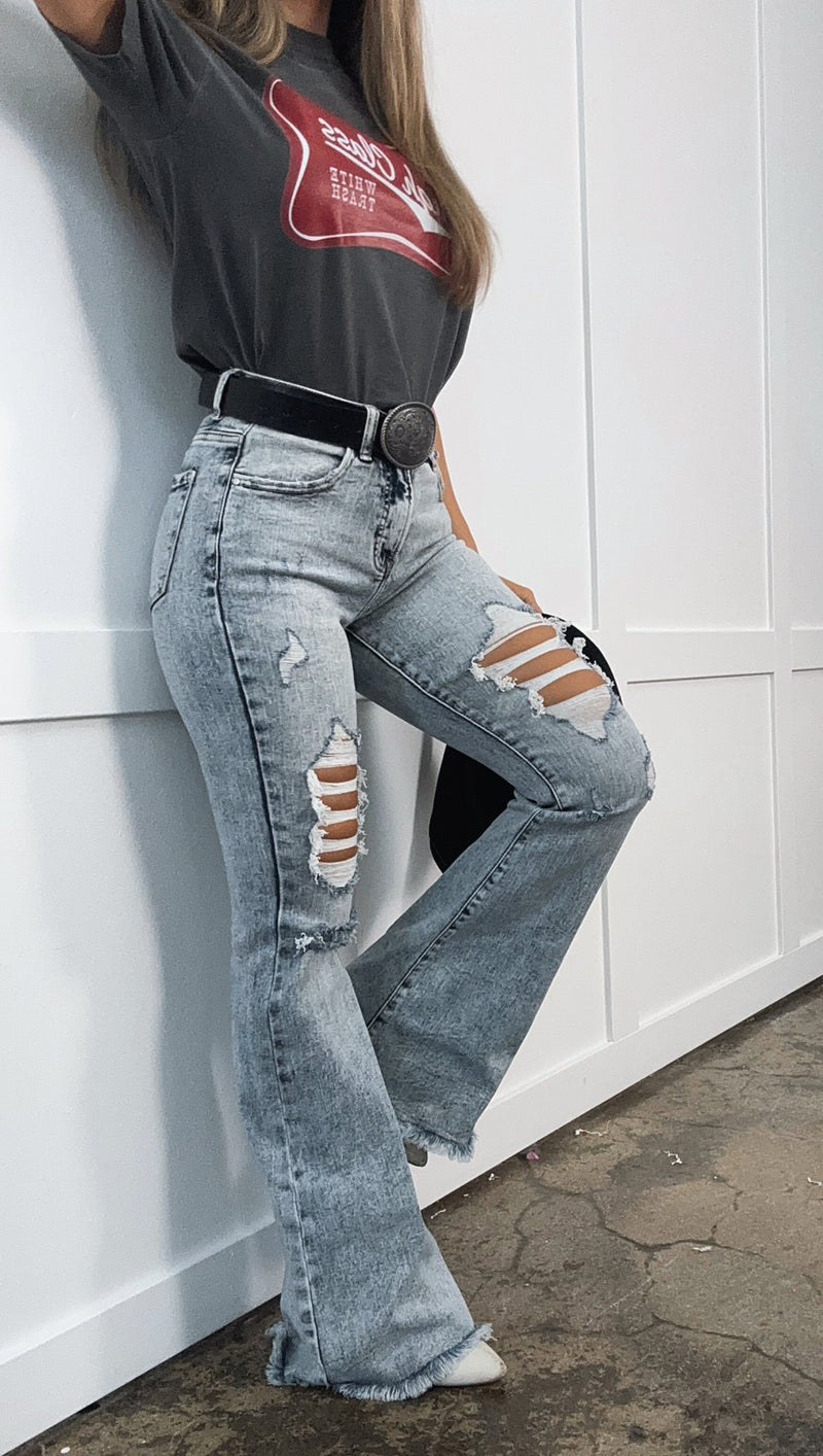 Acid Medium Wash Tummy Control Flare Jeans
