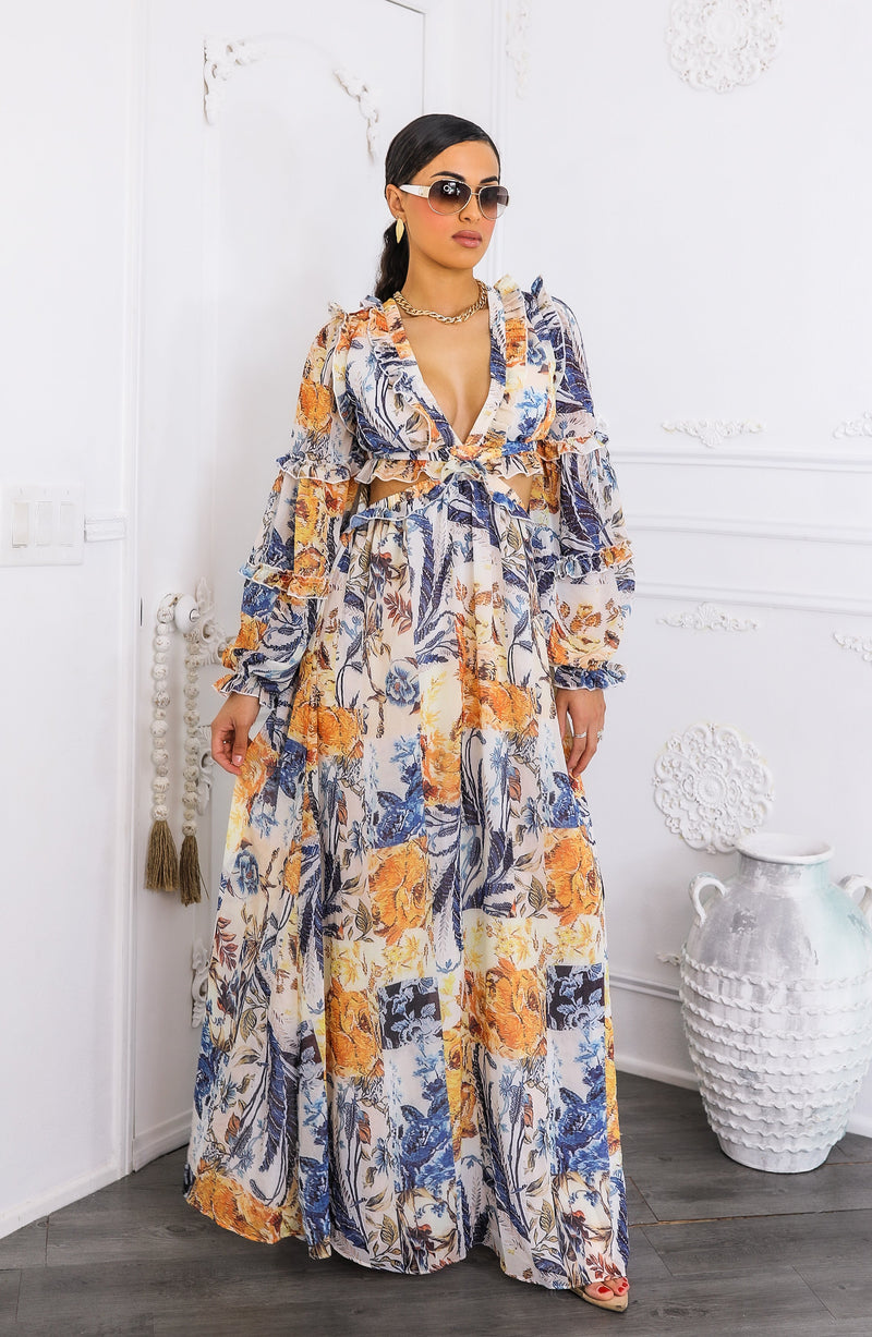 Boho Cream Floral Cutout Lace-Up Maxi Dress