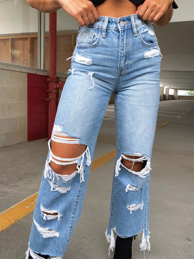 Light Wash Wide Leg Distressed Jeans
