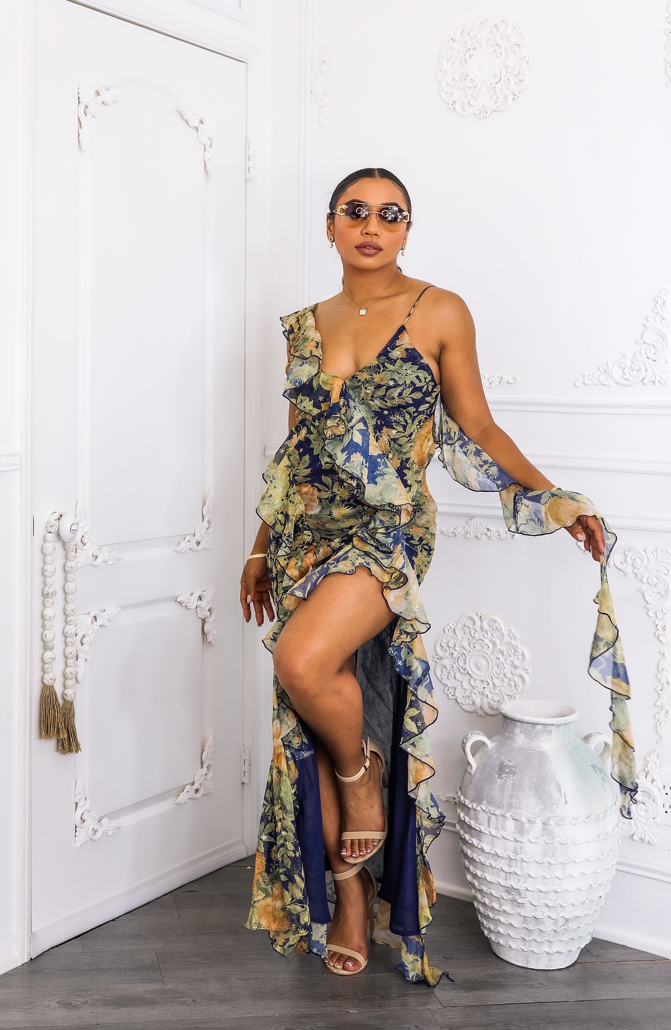 Floral Ruffle Maxi Dress with Slit S