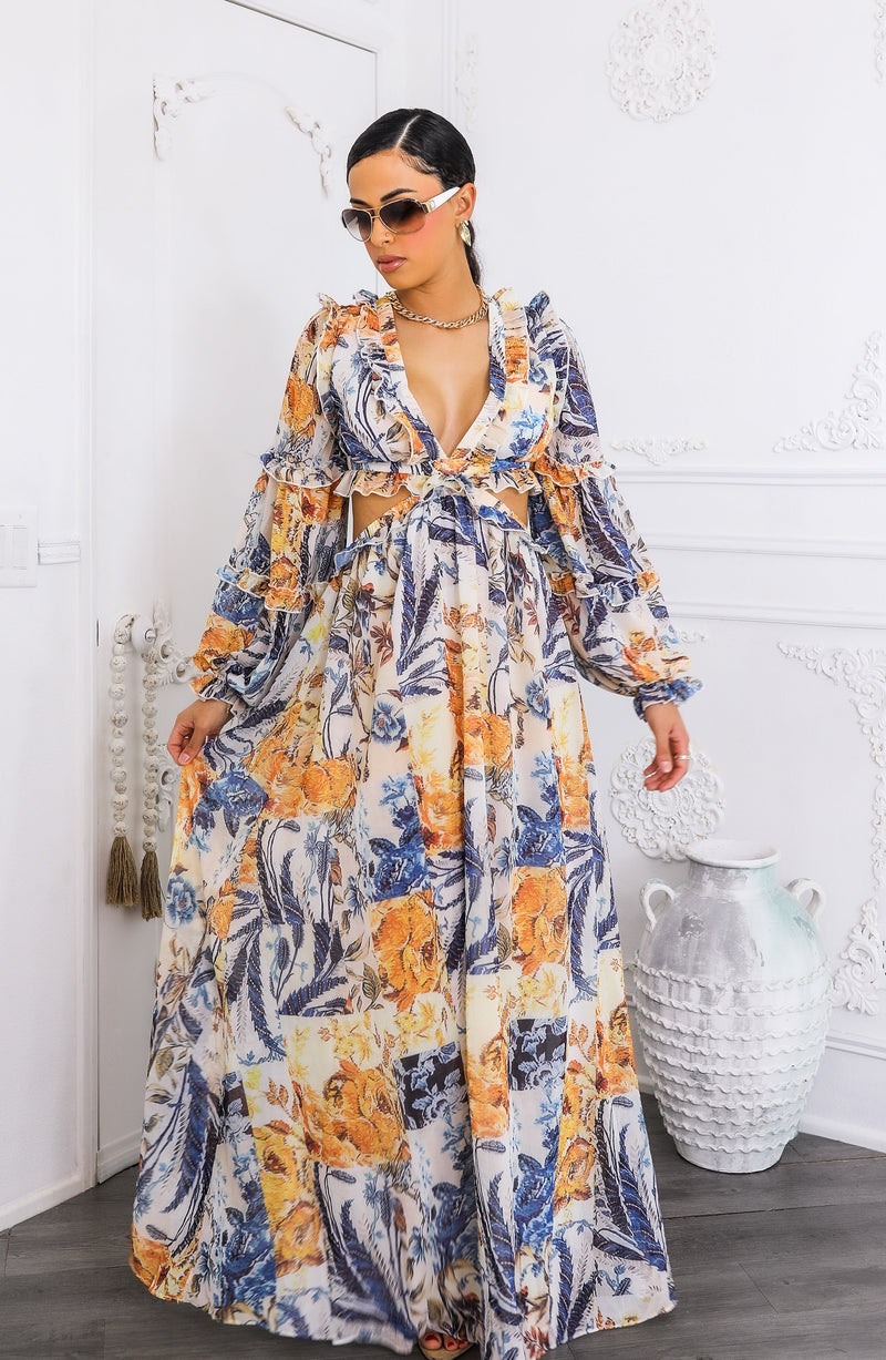 boho cut out maxi dress Cream Floral Cutout Lace-Up Strappy heels or wedges