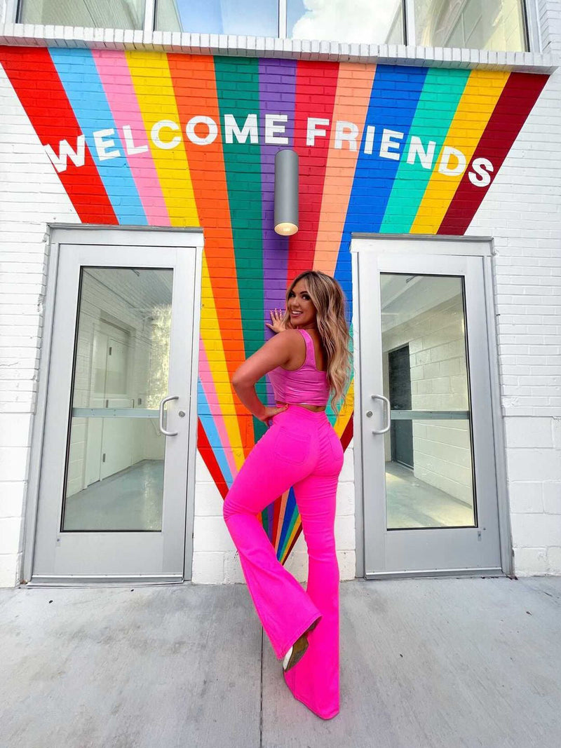 Pink High Waisted Bell Bottom Flare Jeans