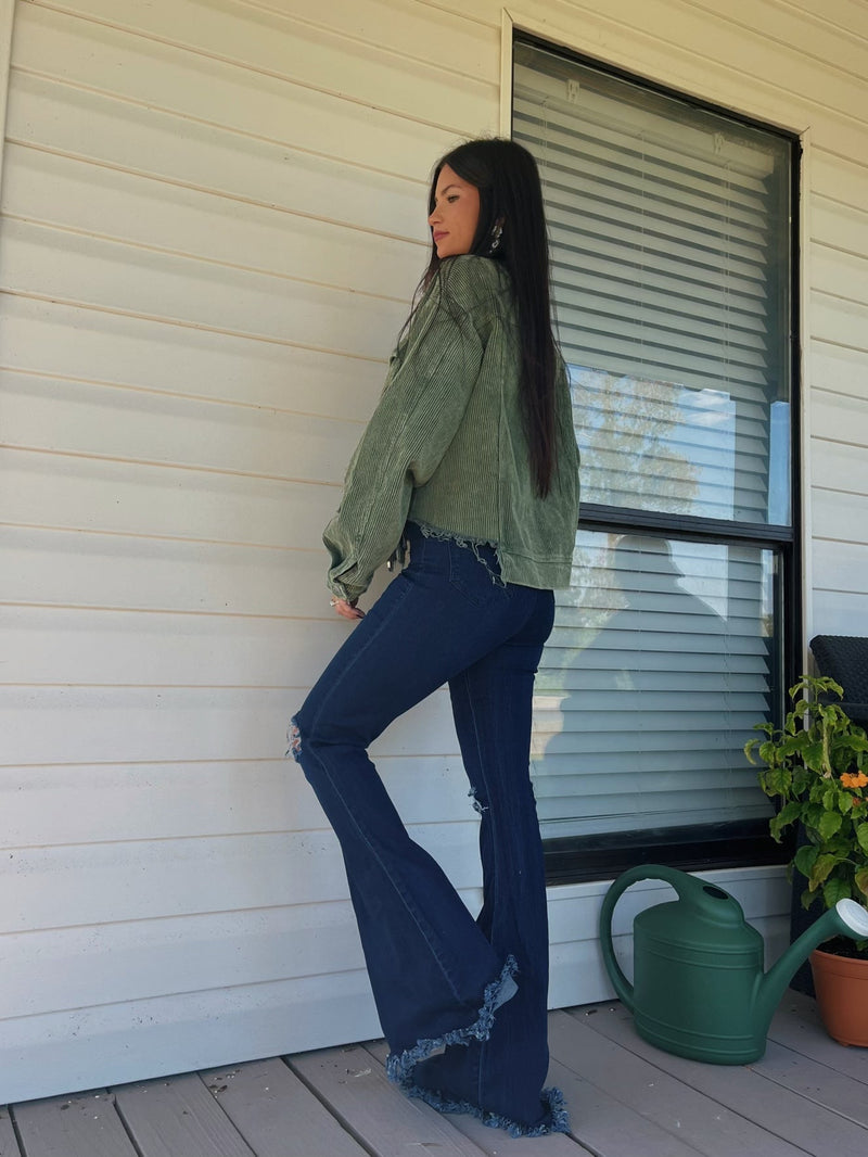 Dark Wash Denim Distressed High Waisted Flares
