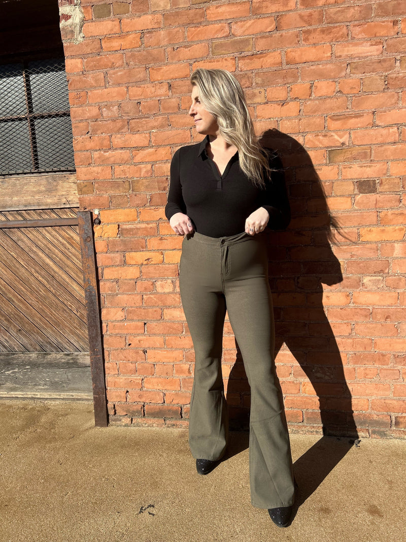 *Fiona High Waisted Bell Bottom Flare Jeans - Olive