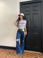Medium Wash Denim Distressed High Waisted Flares