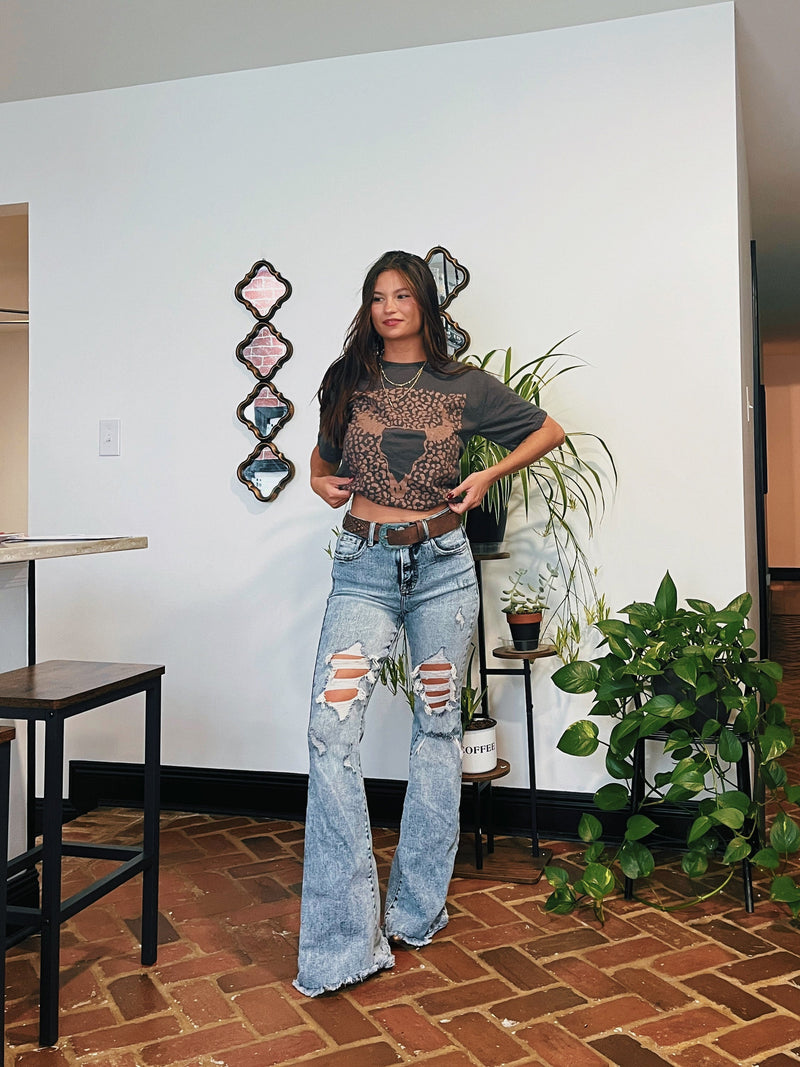 Acid Medium Wash Tummy Control Flare Jeans