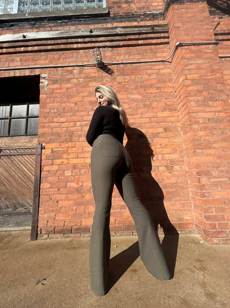 *Fiona High Waisted Bell Bottom Flare Jeans - Olive