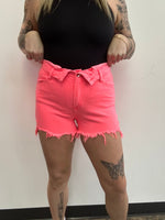 Coral Pink Fold Over Distressed Denim Shorts