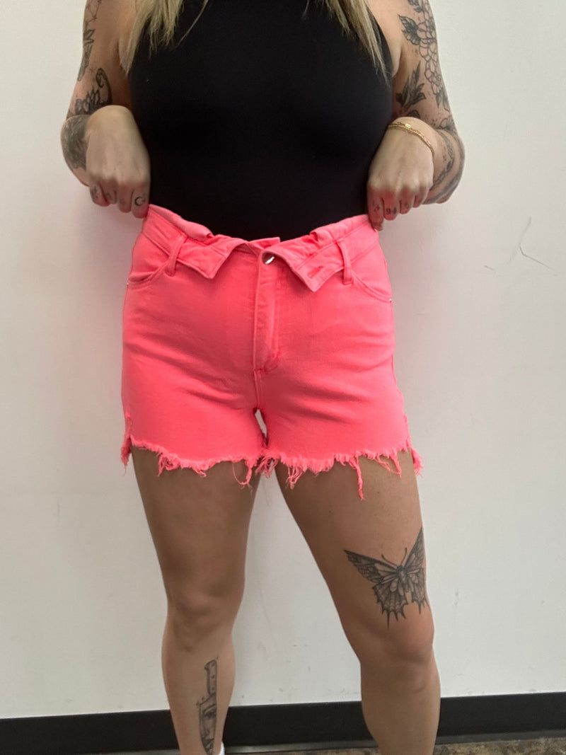 Coral Pink Fold Over Distressed Denim Shorts