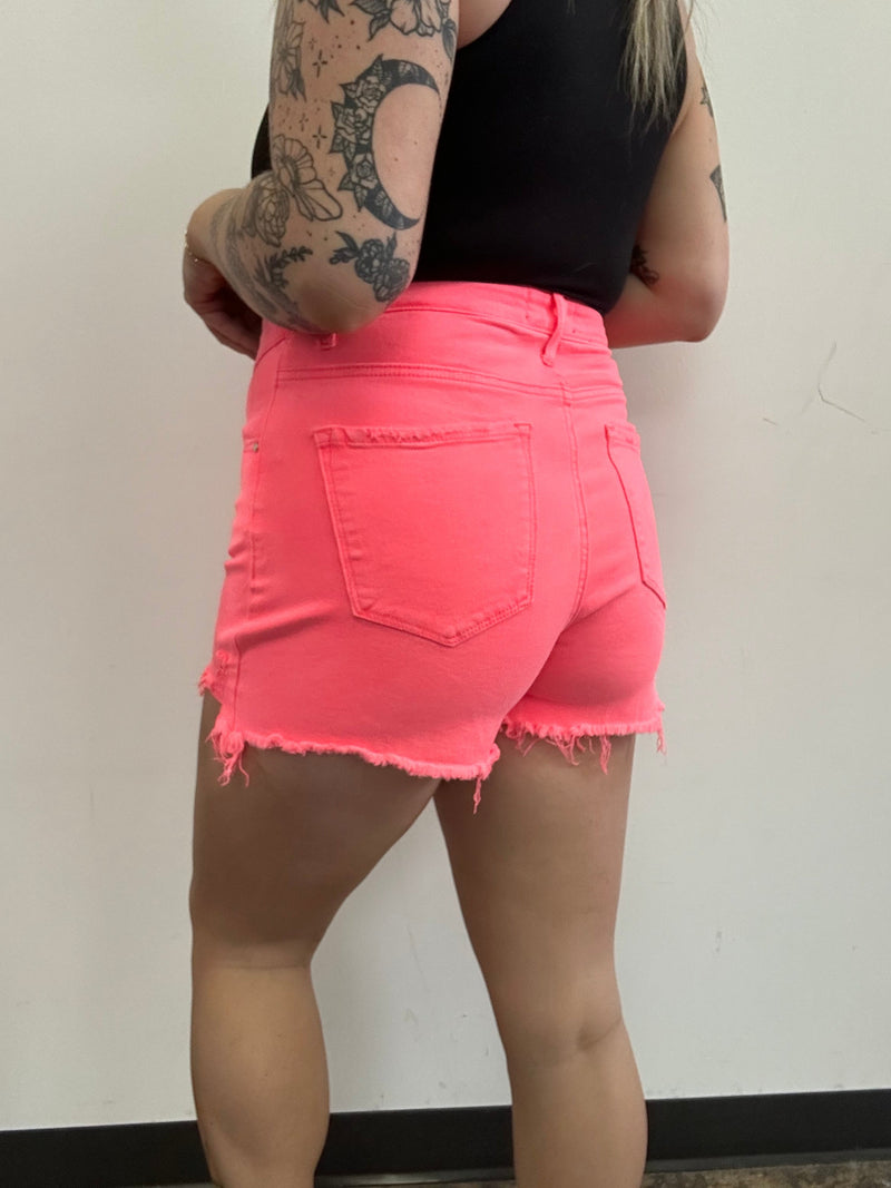 Coral Pink Fold Over Distressed Denim Shorts