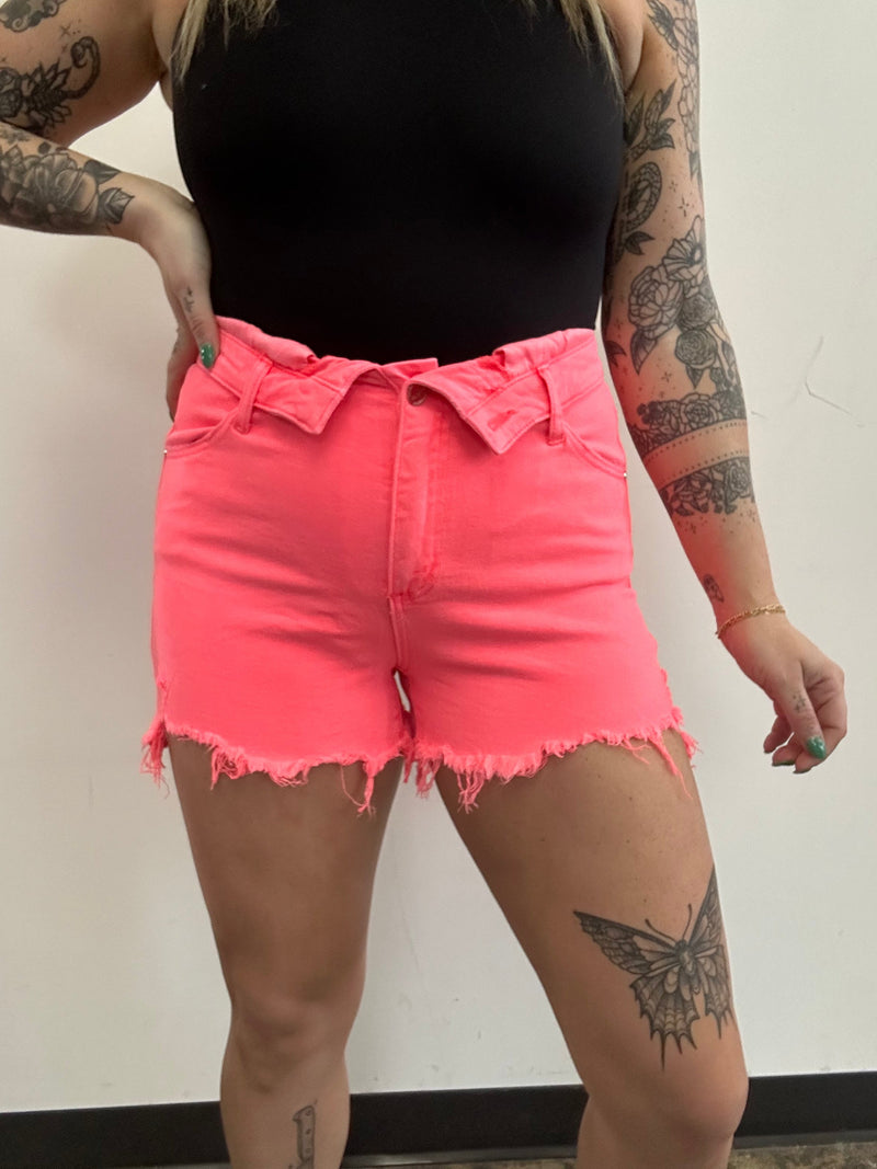 Coral Pink Fold Over Distressed Denim Shorts