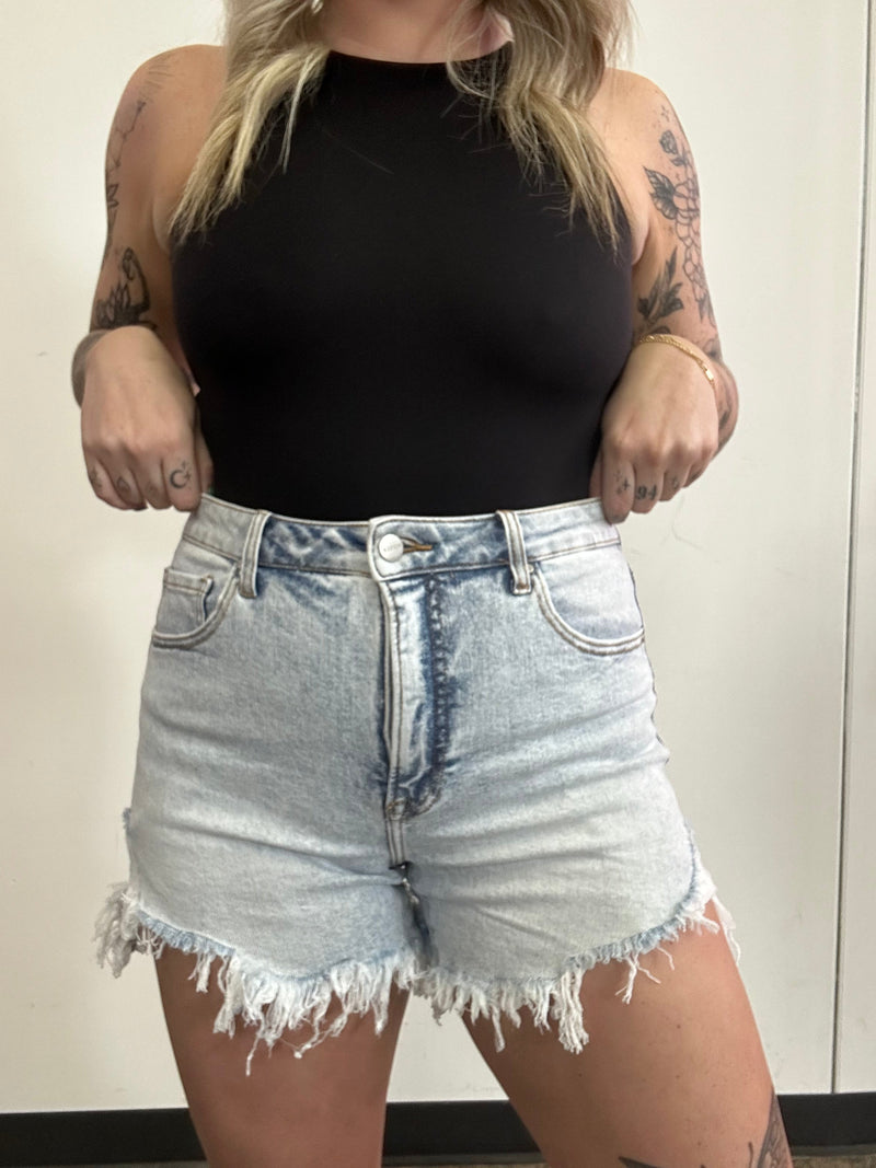 High Rise Distressed Acid Light Wash Shorts