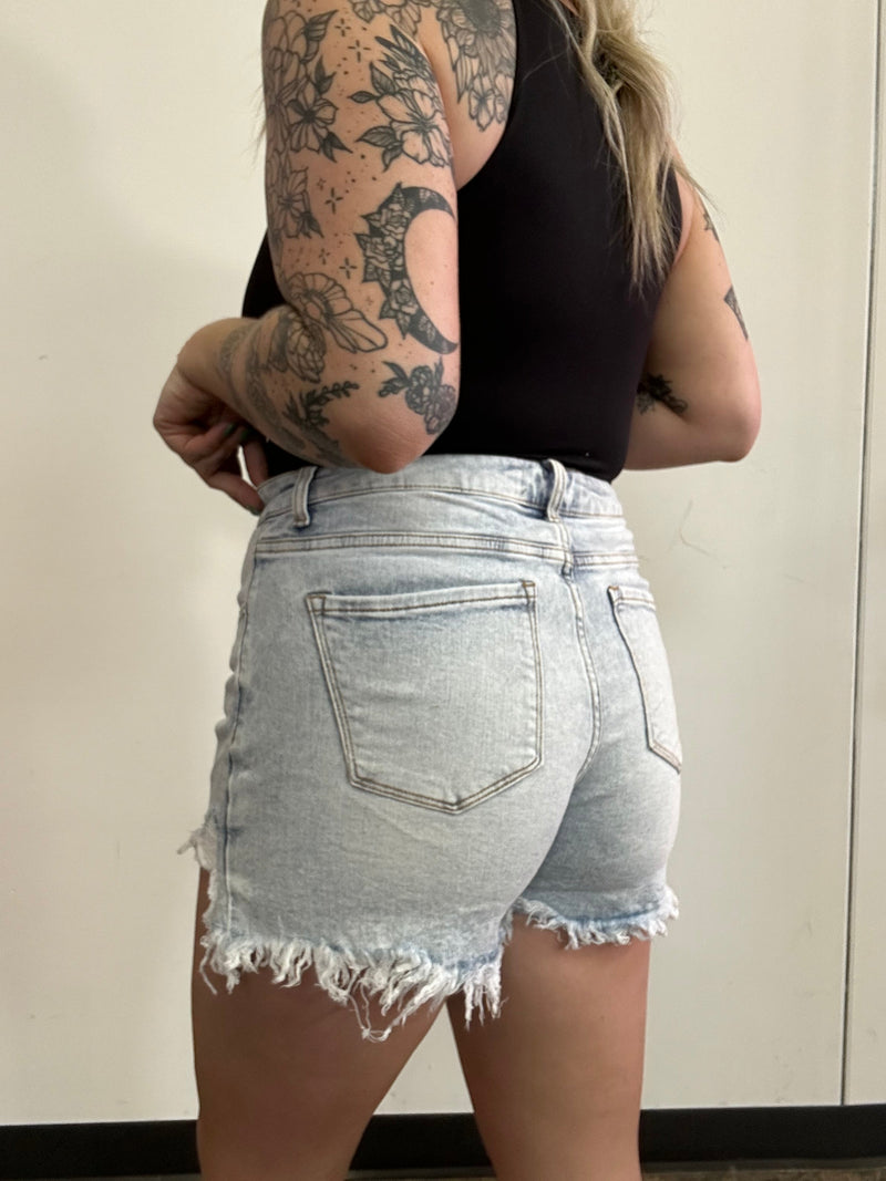 High Rise Distressed Acid Light Wash Shorts
