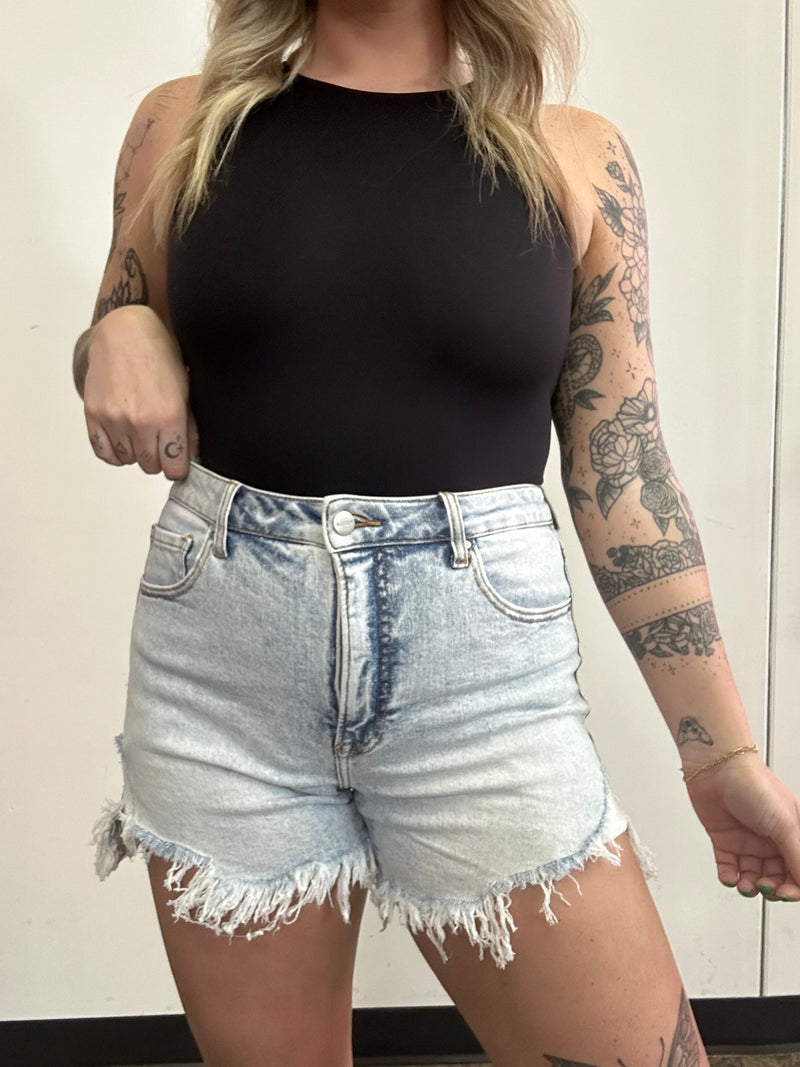 High Rise Distressed Acid Light Wash Shorts