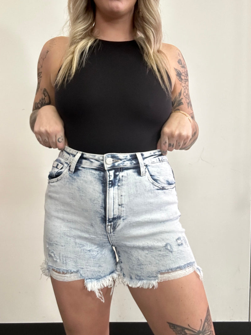 Acid Light Wash Distressed Stretch Denim Shorts