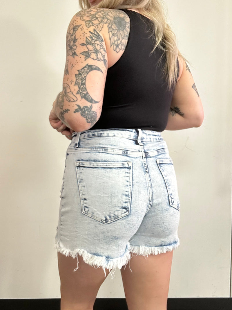 Acid Light Wash Distressed Stretch Denim Shorts