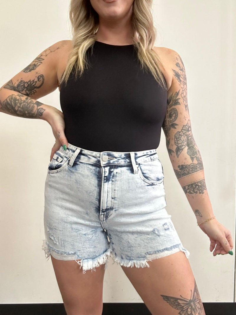 Acid Light Wash Distressed Stretch Denim Shorts