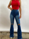 Medium Wash Denim Distressed High Waisted Flares