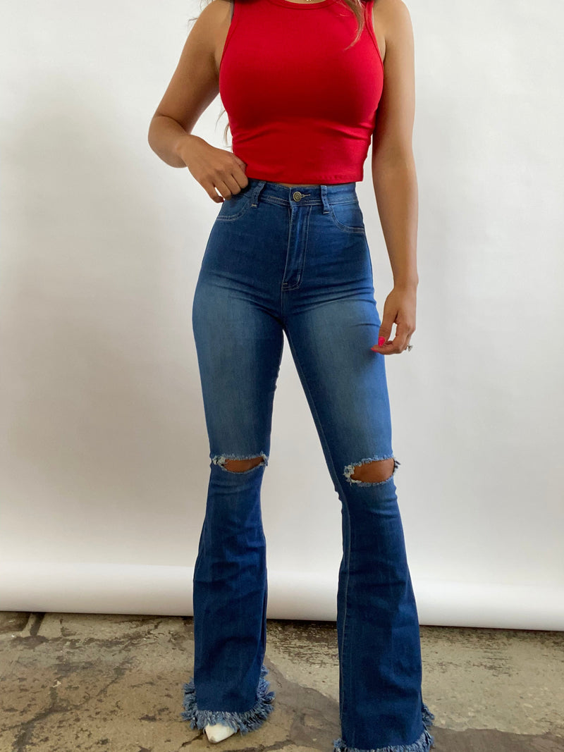 Medium Wash Denim Distressed High Waisted Flares