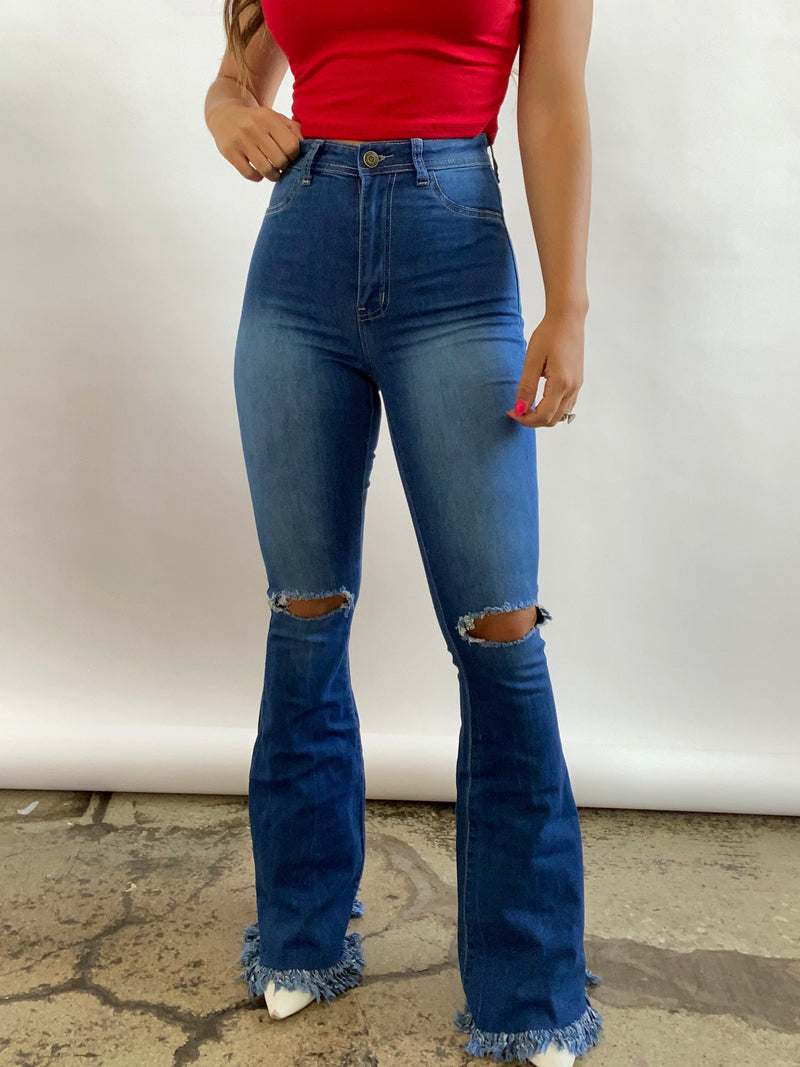 Medium Wash Denim Distressed High Waisted Flares