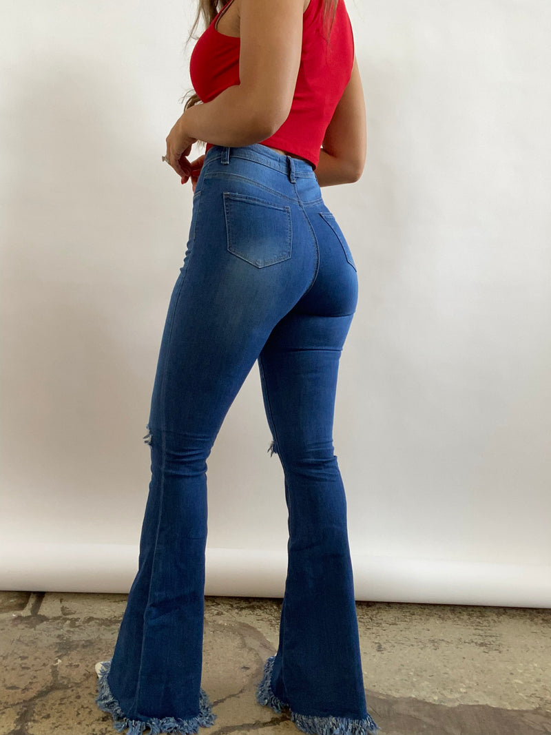 Medium Wash Denim Distressed High Waisted Flares