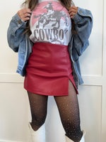 Call It Even Side Slit Leather Skort- Mocha & Red