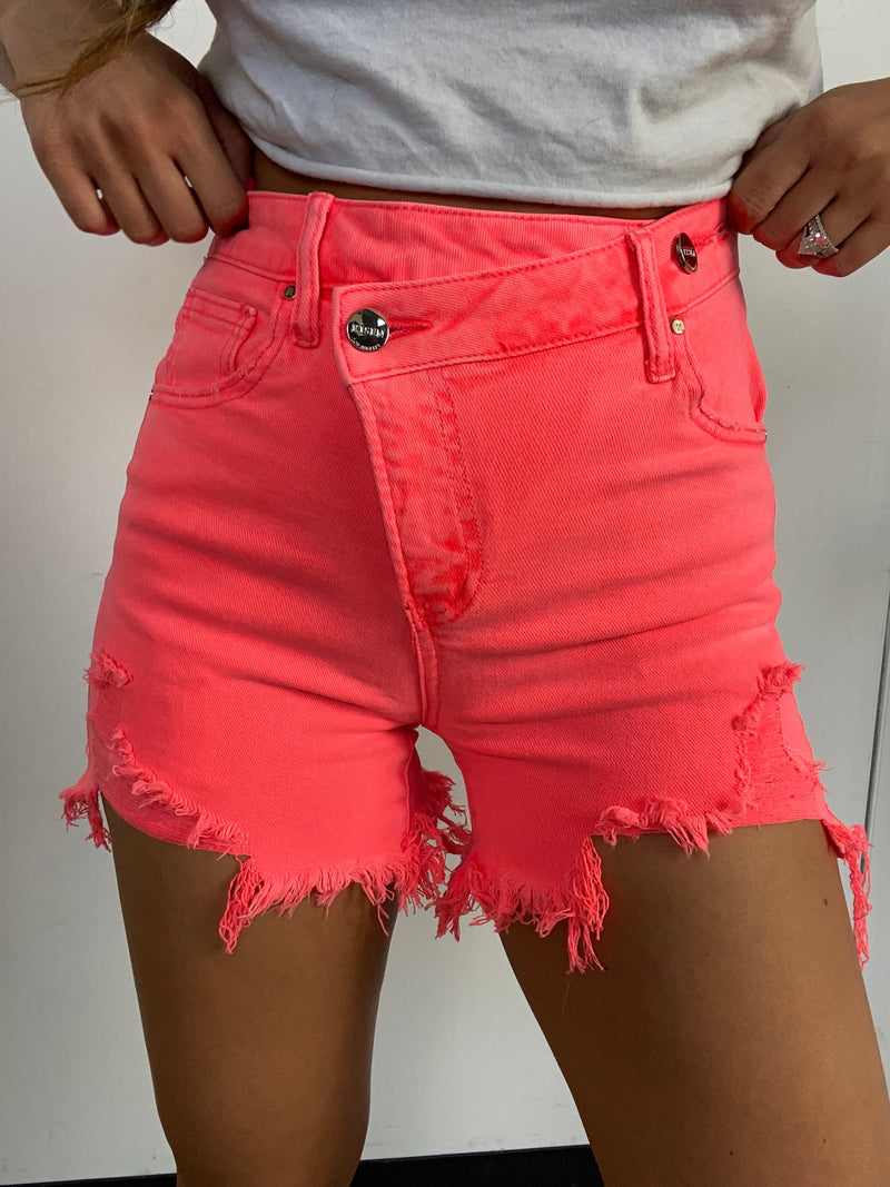Coral Pink Asymmetrical High Waisted Distressed Denim Shorts