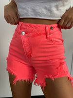 Coral Pink Asymmetrical High Waisted Distressed Denim Shorts