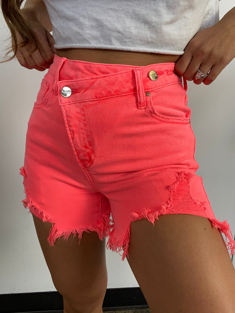 Coral Pink Asymmetrical High Waisted Distressed Denim Shorts